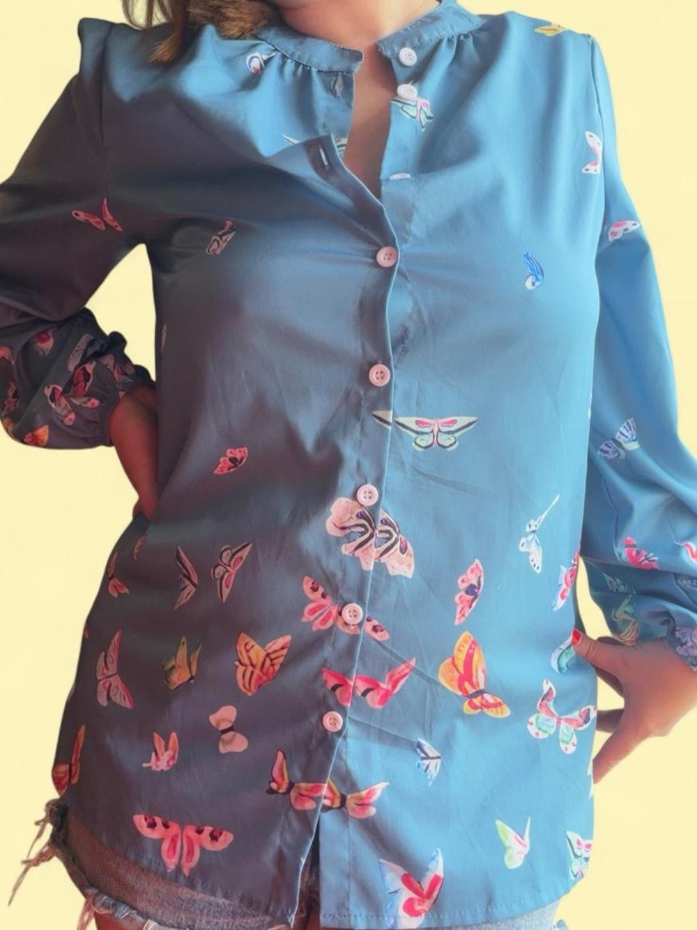 Vintage Polyester Blue Butterfly Print Button-Down Women's Top